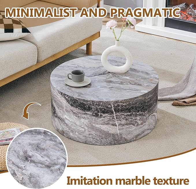 Modern Coffee Table,27.5Inch Round Top Tea Table,Living Room Center Table with Texture for Living Room,Office,Apartment