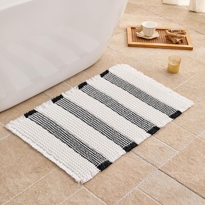 Waffle Bath Mat Non Slip, Boho Bathroom Rug, Super Absorbent Quick Dry Bathroom Mat, Soft Farmhouse Bath Rug with Tassels, Small Washable Shower Mats for Floor 16"x24", White and Black