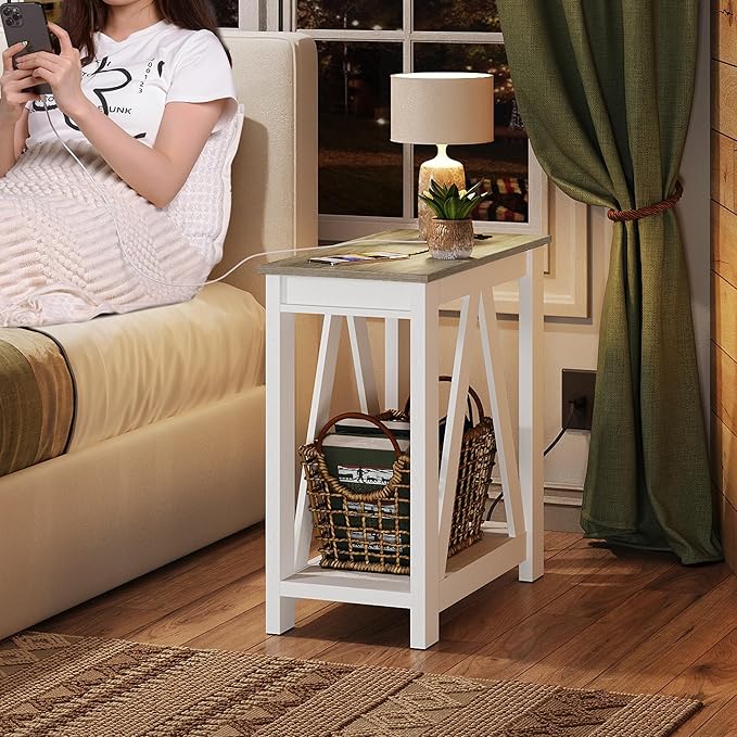WLIVE End Tables Living Room Set of 2 with Charging Station, Sofa Side Tables with Open Storage Shelf, Slim Farmhouse End Table Sets, Greige