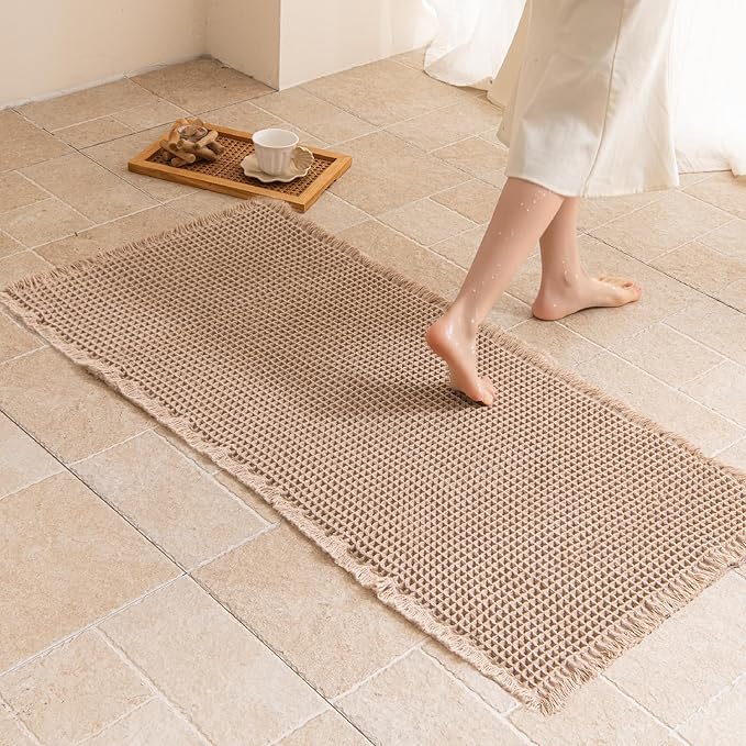 Waffle Bath Mat Non Slip, Boho Runner Rug, Super Absorbent Quick Dry Long Bath Runner Bathroom, Soft Farmhouse Bath Rug with Tassels, Washable Shower Mats for Floor 24"x48", Brown