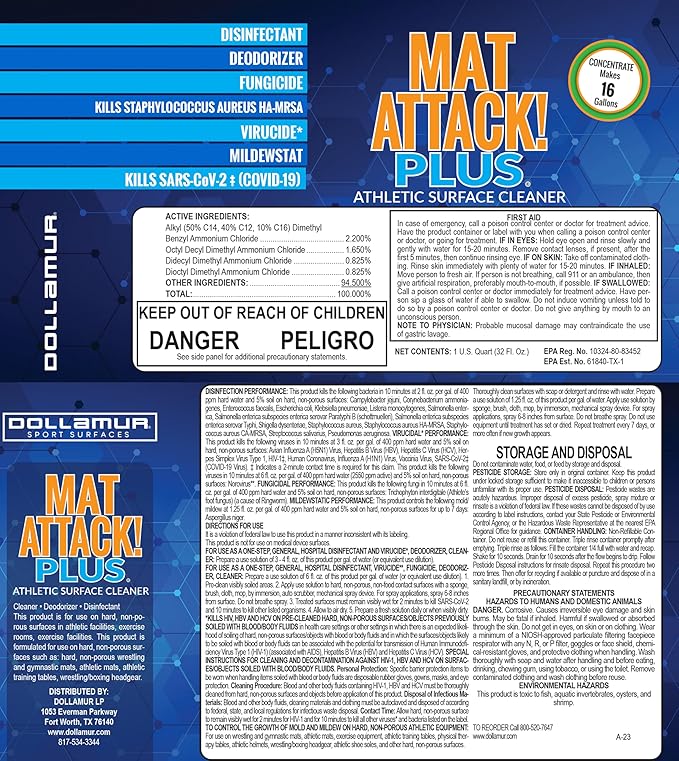 Dollamur Mat Attack! PLUS® Gym & Yoga Mat Cleaner, Hygienic Cleaner for Rubber Flooring, Wrestling Mats, and Fitness Floors-Quart