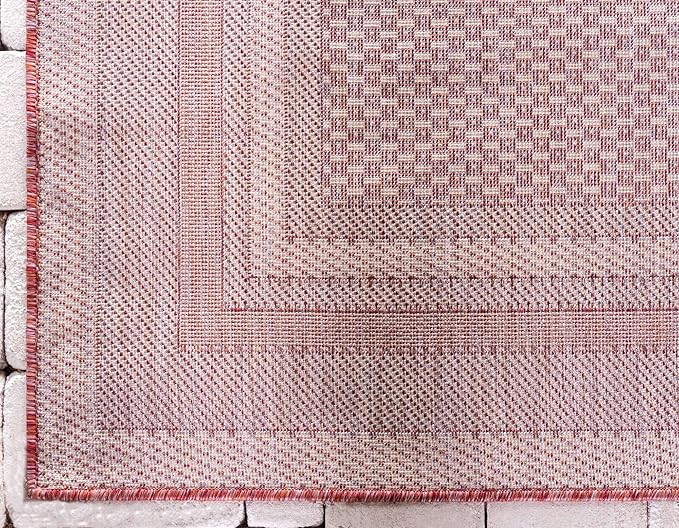 Unique Loom Outdoor Border Collection Area Rug - Soft Border (7' 10" x 11' 4" Rectangle, Rust Red/ Ivory)