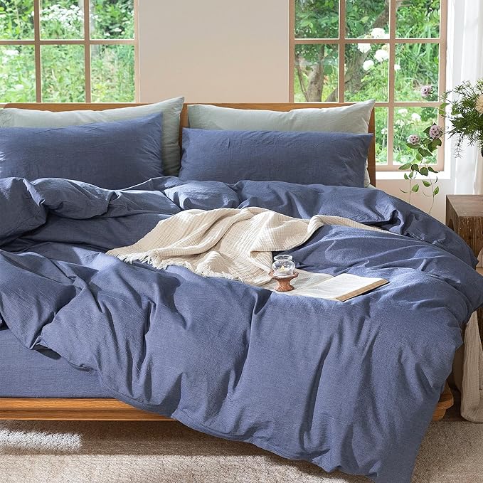 MooMee Bedding Duvet Cover Set 100% Washed Cotton Linen Like Textured Breathable Durable Soft Comfy (Heathered Blue, Super King Plus 120"x120")