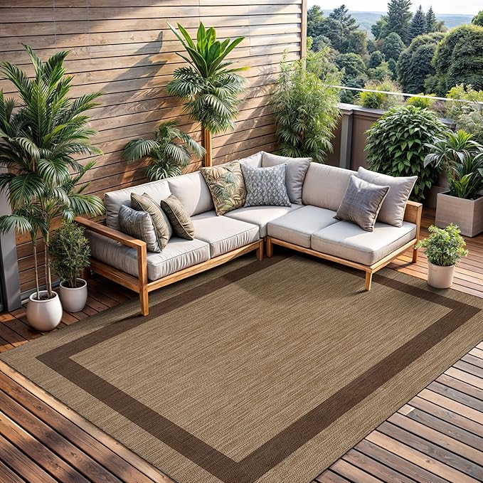 CAMILSON Outdoor Rug 5x7 - Modern Outside Rugs for Patios Porches Waterproof Durable Washable Non-Shedding, Easy-to-Clean Indoor Outdoor Area Carpet (5 x 7, Bordered - Jute)