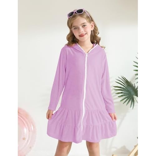 LUCKYGAL Girls Swim Cover Up Kids Long Sleeve Swimsuit Coverup Terry Beach Pool Clothes with Sunglasses