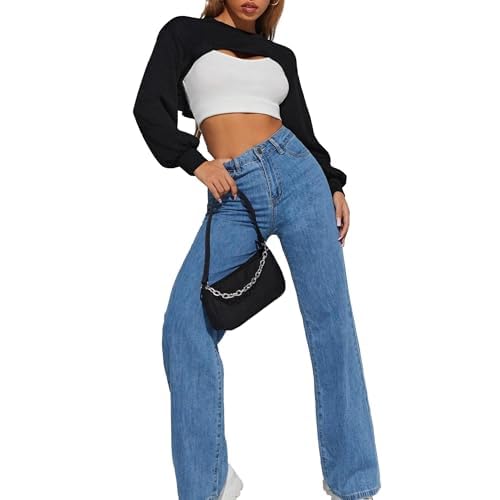 LovelyWholesale Women Crewneck Long Sleeve Crop Top Workout Gym Casual Cut out Loose Cropped Sweatshirt