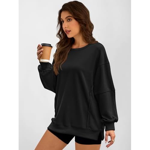 ANRABESS Women Oversized Long Sleeve Sweatshirts Crewneck Side Slit Loose Teen Girl Pullover Top 2025 Fall Y2K Trendy Outfits