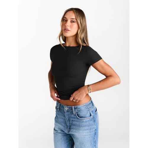 Trendy Queen Womens Boat Neck Tops Short Sleeve T-Shirts Slim Fitted Compression Summer Y2k Basic Clothes 2025