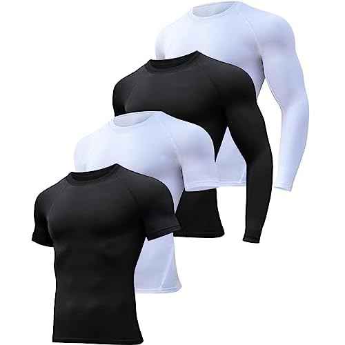HOPLYNN 4/5 Pack Workout Compression Shirts Men Long/Short Sleeve Rash Guard Athletic Undershirt Gear T Shirt for Sports
