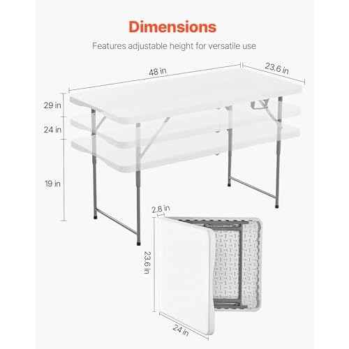 VEVOR Folding Table, 4 Ft Heavy Duty Portable Fold-in-Half Utility Table, Indoor Outdoor Plastic Rectangle Table with Adjustable Height and Built in Handle, for Party, Dining, Picnic, Camping, White