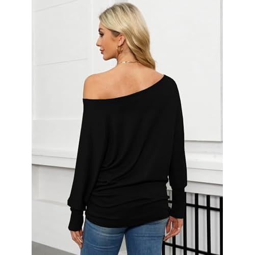 Eniloyal Women's Off Shoulder Tops Batwing Long Sleeve Shirts Loose Fall Fashion Blouse Tunic Oversized Pullover Sweater