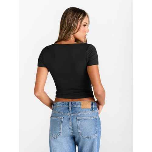 Trendy Queen Womens Boat Neck Tops Short Sleeve T-Shirts Slim Fitted Compression Summer Y2k Basic Clothes 2025