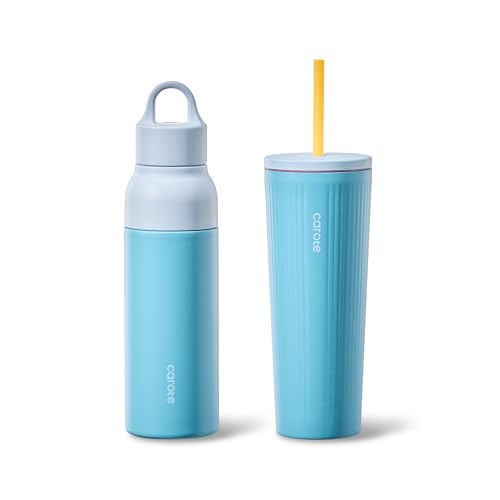 CAROTE 19 oz One-Click Open Insulated Water Bottle & 21 oz Tumblers with Lid and Straw, Double-Wall Insulated Stainless Steel, Leakproof Lid with Handle, Essential for Travel, Sports(Vibrant Blue)