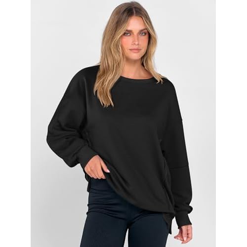 ANRABESS Women Oversized Long Sleeve Sweatshirts Crewneck Side Slit Loose Teen Girl Pullover Top 2025 Fall Y2K Trendy Outfits