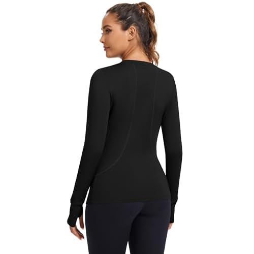Loovoo Thermal Shirts for Women Long Sleeve Workout Tops Crewneck Fleece Base Layer Running Athletic Tee with Zipper Pocket