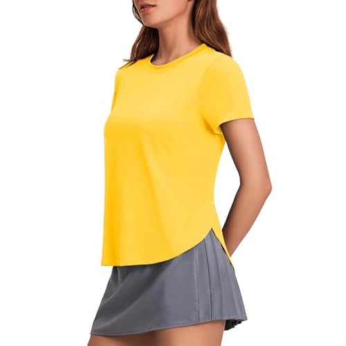 PINSPARK Workout Tops for Women UPF 50+ Yoga Shirts Short Sleeve Athletic Tops with Side Slits Running Gym Tee Top Loose Fit