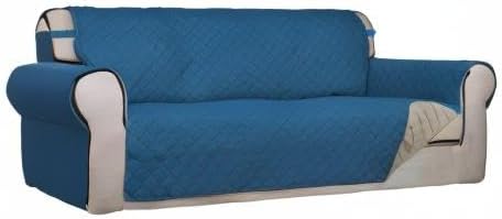 PureFit Reversible Quilted Sofa Cover, Water Resistant Slipcover Furniture Protector, Washable Couch Cover with Non Slip Foam and Elastic Straps for Kids, Pets (X Large, Peacock Blue/Beige)