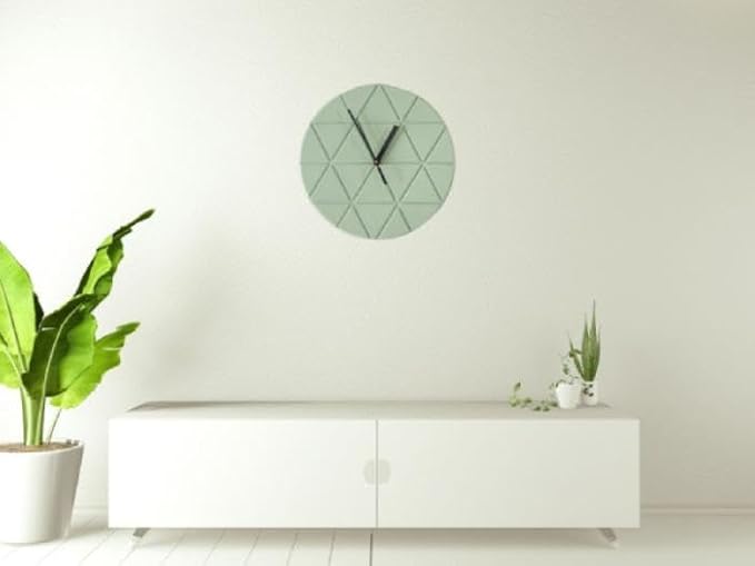 Mint Green Wooden Wall Clock 24cm Round Geometric Triangle Pattern MDF