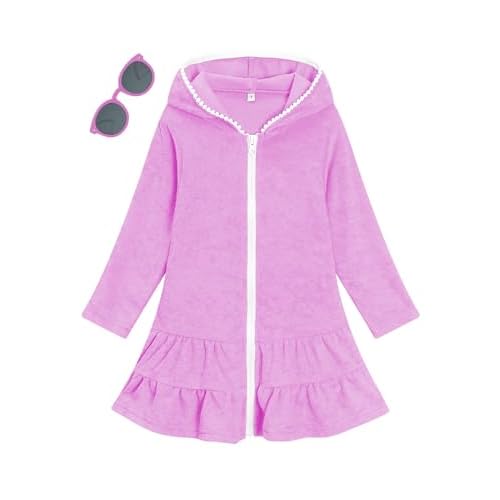 LUCKYGAL Girls Swim Cover Up Kids Long Sleeve Swimsuit Coverup Terry Beach Pool Clothes with Sunglasses