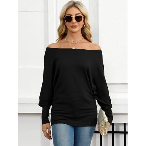 Eniloyal Women's Off Shoulder Tops Batwing Long Sleeve Shirts Loose Fall Fashion Blouse Tunic Oversized Pullover Sweater