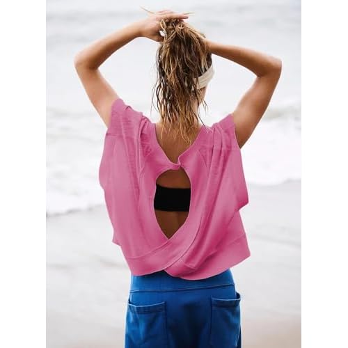 EYZH Women's Open Back Workout Top - Short Sleeve Yoga Crop Shirt, Loose Yoga Gym Crop Top