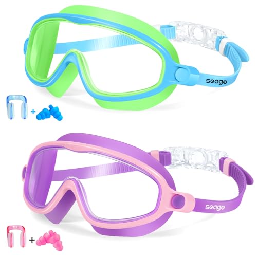 Seago Swim Goggles 2 Pack Anti-Fog Anti-UV Wide View Swimming Goggles for Kids 3-14
