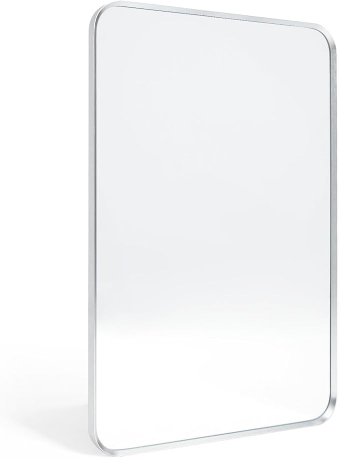 Wall Mount Mirror for Bathroom, Brush Silver Metal Framed Rounded Corner