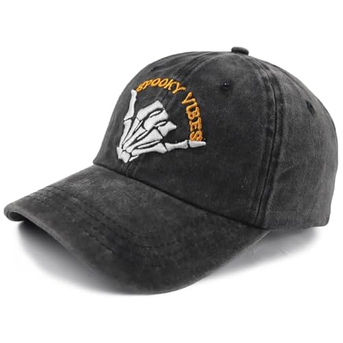 Funny Halloween Spooky Vibes Hats, Adjustable Embroidery Cotton Skeleton Hand Vintage Baseball Cap for Men Women