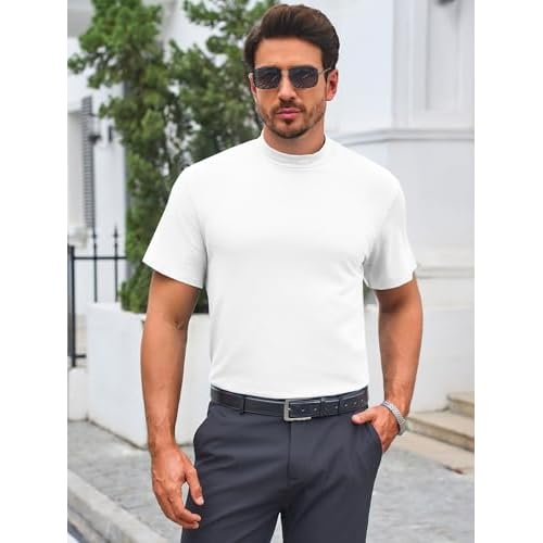 Mens Mock Turtleneck T Shirts Short Sleeve Cotton Basic Undershirt Relaxed Fit Lightweight Solid Pullover Tops
