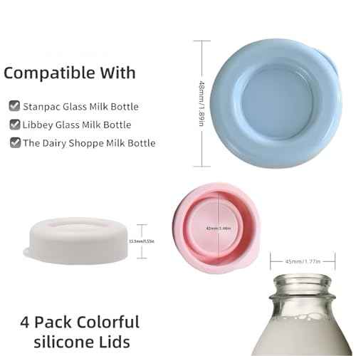 4 pcs Silicone Replacement Caps, Glass Milk Bottle Caps, 48mm Diameter Bottle Lids,Reusable Suitable for Libbey&Stanpac Silicone Milk Bottle Caps, Dishwasher safe.
