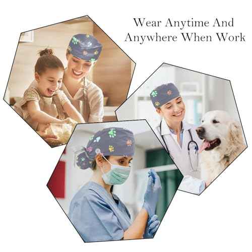 2 Pack Scrub Caps Surgical Hat for Women, Cartoon Dogs Nurse Hat Unisex Tie Back Hat, Long Hair