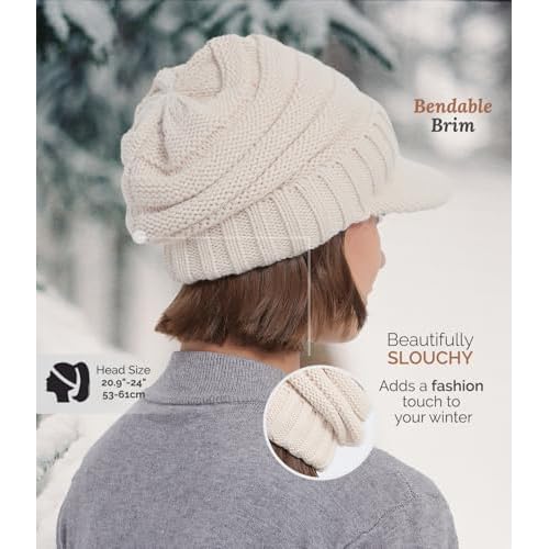 Women Men Winter Beanie Hat with Visor, Warm Fleece Lined Beanie Cap, Thick Knit Cap Slouchy Hat with Brim