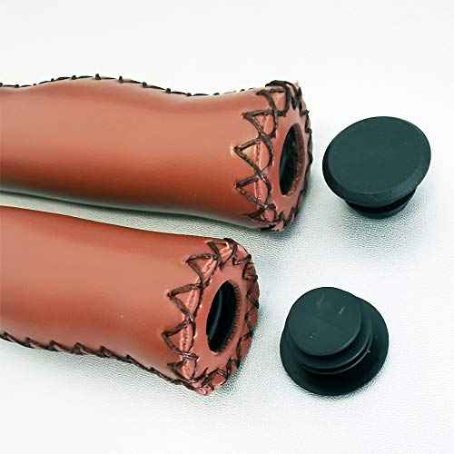 Brown Beach Cruiser Bike Bicycle Soft Synthetic Leather Handlebar Cover Grips Bar with End Cap and Needle