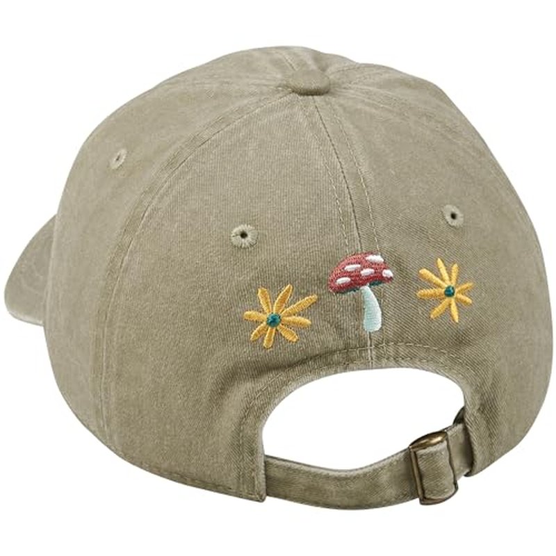 Primitives by Kathy Baseball Cap, Mushrooms Full Color Design, Stonewashed Khaki, Adjustable fit Metal Buckle