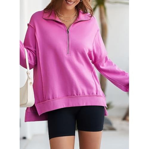 BLENCOT Womens Oversized Sweatshirt Half Zip Fleece Pullover Long Sleeve Fall Side Slit Tops