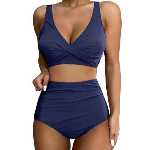 GRAPENT High Waisted Bikini Sets for Women Twist Front Tie Back 2 Piece Bathing Suit V Neck Ruched Swimsuits Bikinis