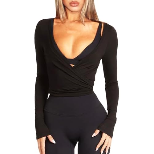 Navneet Women Long Sleeve Ballet Pilates Yoga Wrap Tie Front Tops Workout Gym Shirts Cardigan