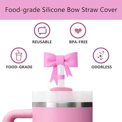 Cup Accessories Set for Stanley,Including 1Pcs Cute Bow Straw Cover Caps 10mm Reusable Straw Toppers,1Pcs Silicone Boot Sleeve for Stanley Quencher H2.0 Tumbler with Handle 30&40oz