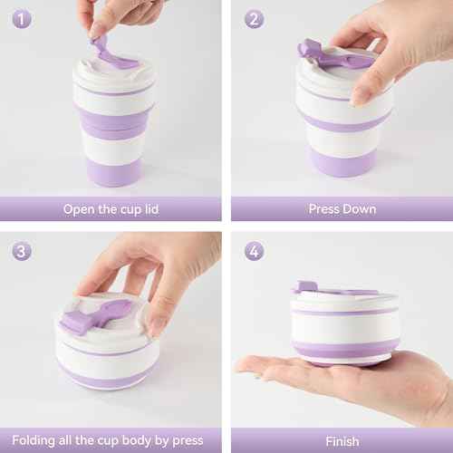 12oz Collapsible Cup for Traveling, Collapsible Silicone Travel Cup for Hot and Cold Drinks, Leak Proof Silicone Folding Travel Coffee Mug for Camping & Hiking, BPA Free Purple