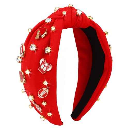 Football Headband Red Top Knot Beaded Jeweled Cute Headbands Football Mom Accessories Essentials Red