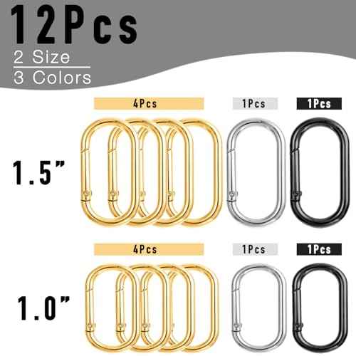 12 Pieces Carabiner Clip Set for Keychain Bag Handbag Crafts, 1.5 and 1.0 Inch, Purse Clip, Gold Plated