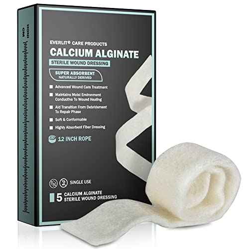 EVERLIT Calcium Alginate Wound Dressing | Gentle, Non-Stick Sterile Dressing Pad | Soft and Highly Absorbent Bandage with Soothing Gel Matrix (12" Rope | 5 Pack)