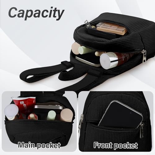 Cute Mini Backpacks, Corduroy Tiny Backpack Small Backpack for Women and Girls, Portable Ladies Backpacks (black)