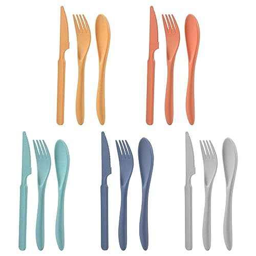 Knives Spoons and Forks Set, Wheat Straw Cutlery Set, Reusable Flatware Set for 5, Utensils for Party, Travel, Work, Picnic, Camping or Daily Use