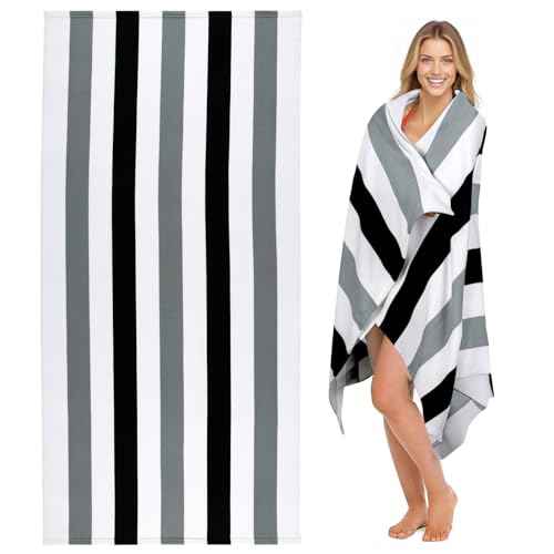 cabanana Large Oversized Beach Towel - Microfiber Sand Free 35 x 70 Inch Quick Dry Lightweight Pool Towel for Adults, Thin Striped Swim Towel (Black)
