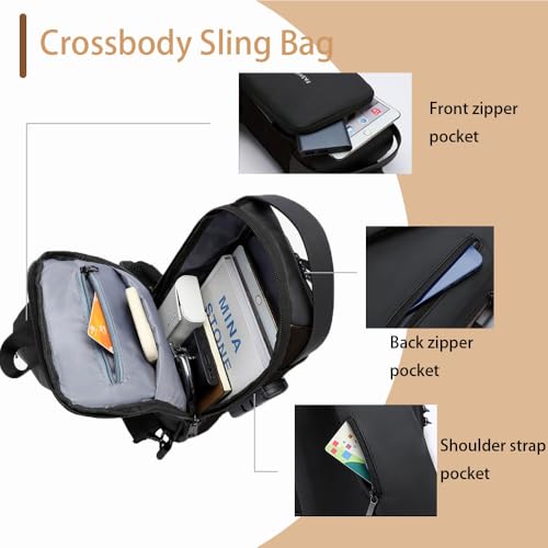 Travel Sling Bag Waterproof Crossbody Bag with Combination Lock Anti-Theft PU Leather Chest Bag with USB Charging Hole Shoulder Backpack Motorcycle Bags Black