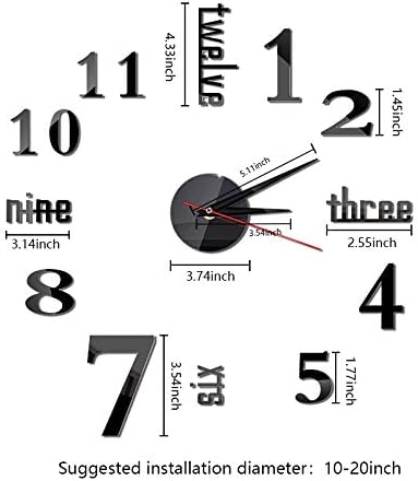 Hxezoc 10inch-20inch Frameless DIY Wall Clock Black 3D Mute Round Shape Quartz