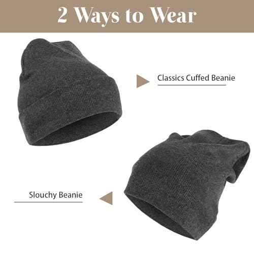 2 Pack Unisex Beanie for Men Women, Slouchy Cuffed Winter Beanie Hats, Soft Warm Knit Beanies Skull Cap Ski Hats- Black, Gray