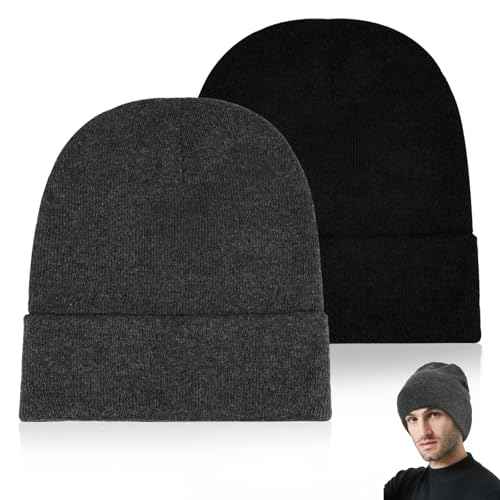 2 Pack Unisex Beanie for Men Women, Slouchy Cuffed Winter Beanie Hats, Soft Warm Knit Beanies Skull Cap Ski Hats- Black, Gray