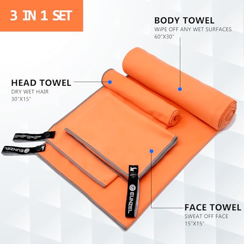 Eunzel Quick Dry Camping Towel, Microfiber Travel Towel 3 Size at 1 Pack,Fast Drying Towel Set for Camping, Beach, Gym, Sports, Yoga & Swimming Pool, Orange